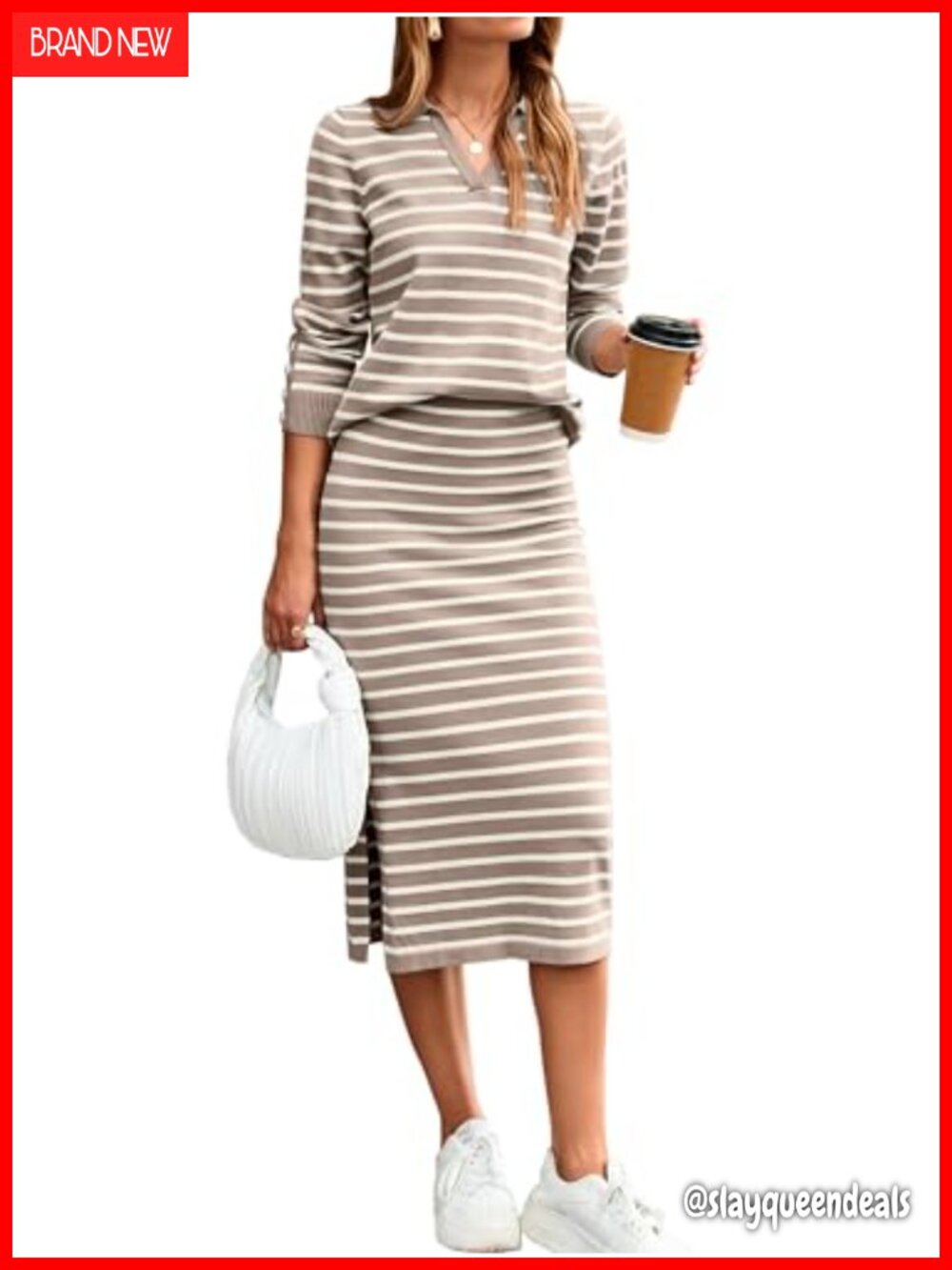 Womens 2 Piece Sweater Skirt Set Striped Polo Neck Knit Midi Fall Outfit